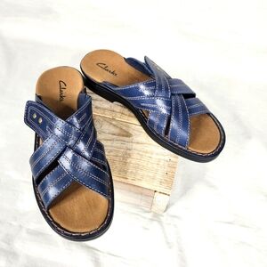 Clarks Leather Crossover Slide Sandal, Patty George, Navy Blue, 6M, Raised Heel